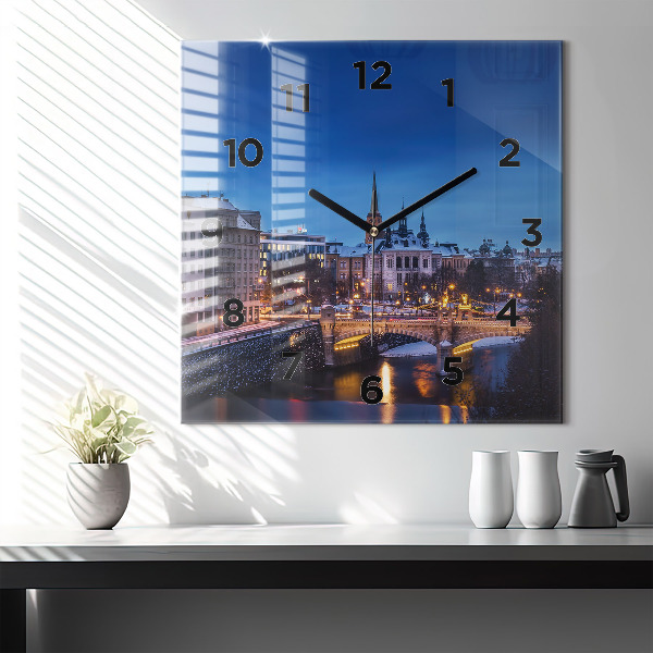 Square glass wall clock Panorama of the city of Pilsen