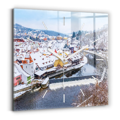 Square glass wall clock Panorama of the city in winter