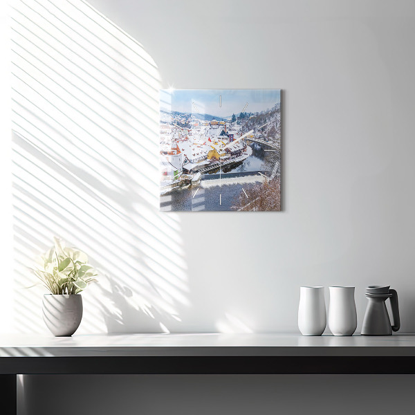 Square glass wall clock Panorama of the city in winter