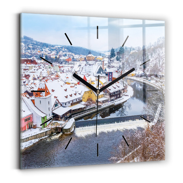 Square glass wall clock Panorama of the city in winter