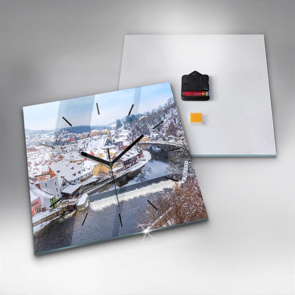 Square glass wall clock Panorama of the city in winter