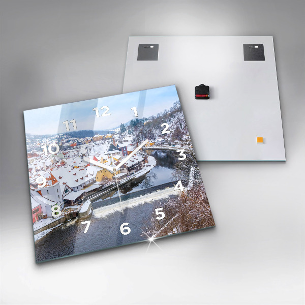 Square glass wall clock Panorama of the city in winter