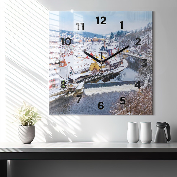 Square glass wall clock Panorama of the city in winter
