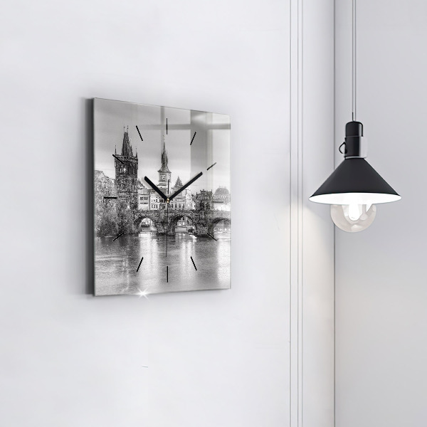 Square glass wall clock Charles Bridge in Prague