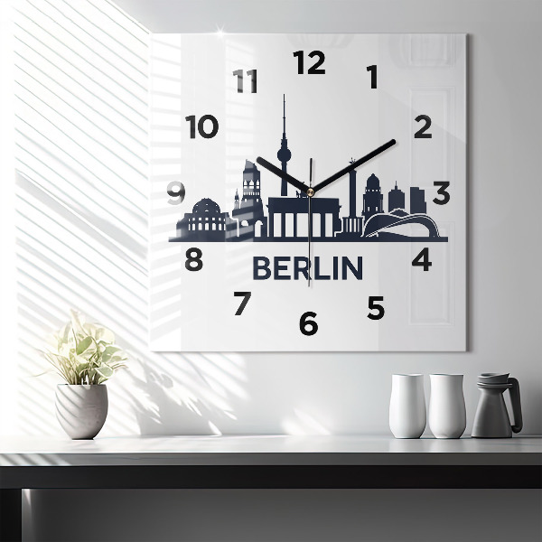 Square glass wall clock Berlin city illustration