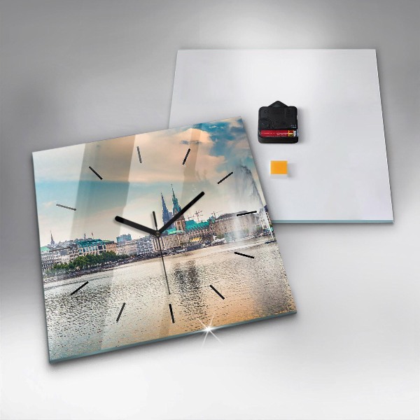 Square glass wall clock Binnenalster in Hamburg