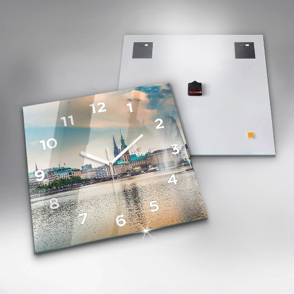 Square glass wall clock Binnenalster in Hamburg