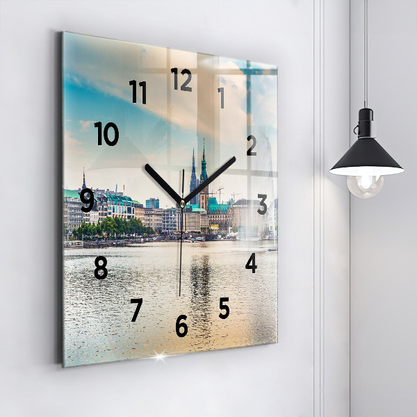 Square glass wall clock Binnenalster in Hamburg