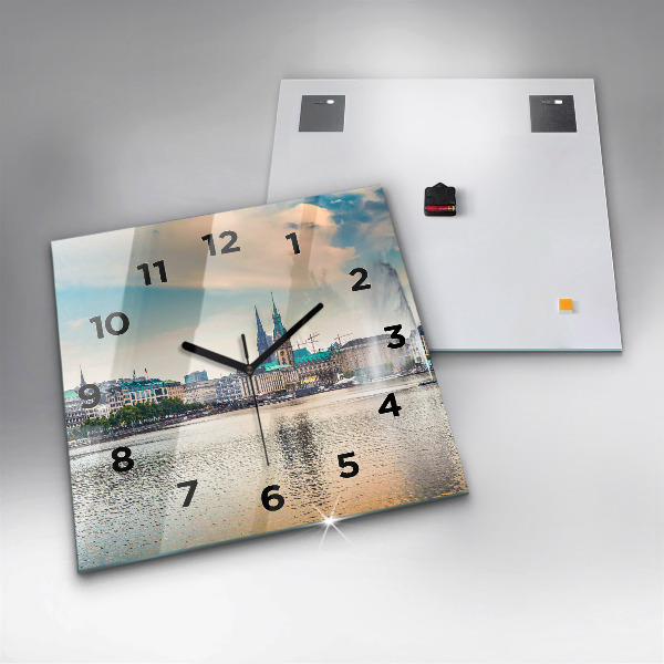 Square glass wall clock Binnenalster in Hamburg