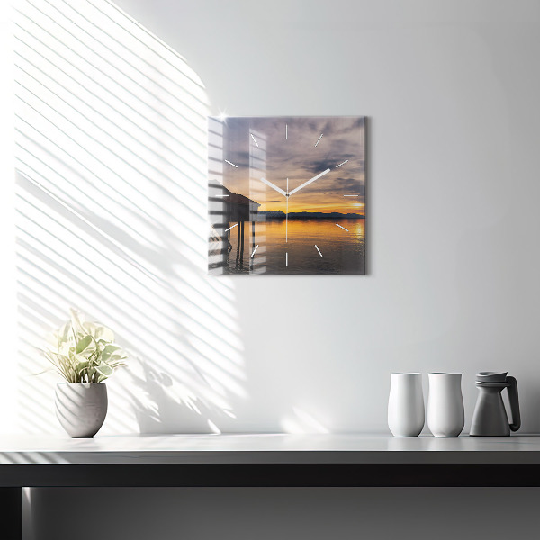 Square glass wall clock Sunset over the lake