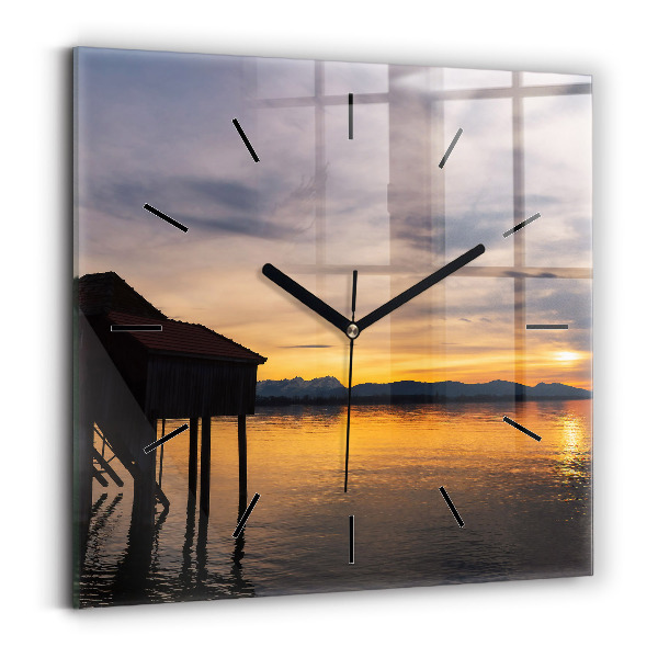 Square glass wall clock Sunset over the lake