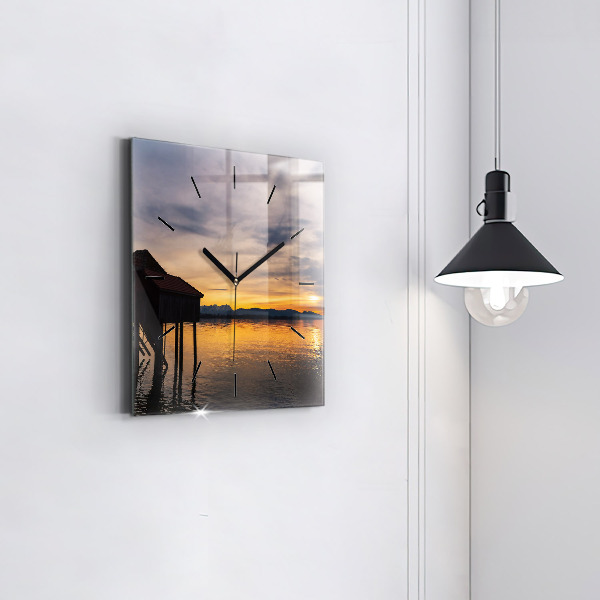 Square glass wall clock Sunset over the lake