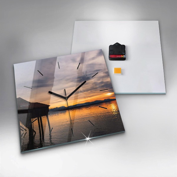 Square glass wall clock Sunset over the lake