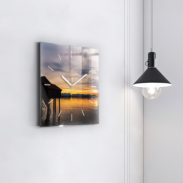 Square glass wall clock Sunset over the lake