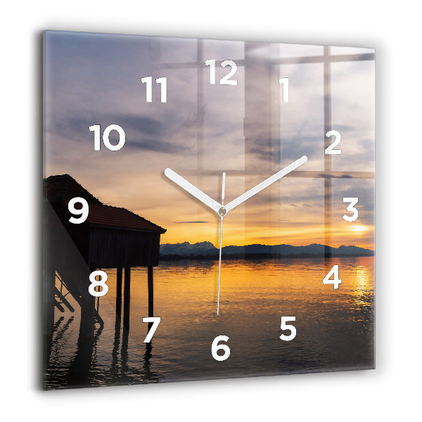 Square glass wall clock Sunset over the lake