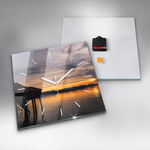 Square glass wall clock Sunset over the lake