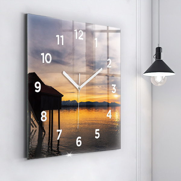 Square glass wall clock Sunset over the lake