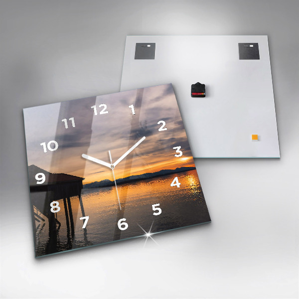 Square glass wall clock Sunset over the lake
