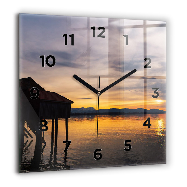 Square glass wall clock Sunset over the lake