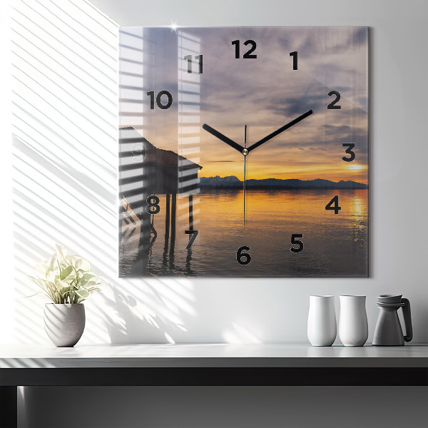 Square glass wall clock Sunset over the lake