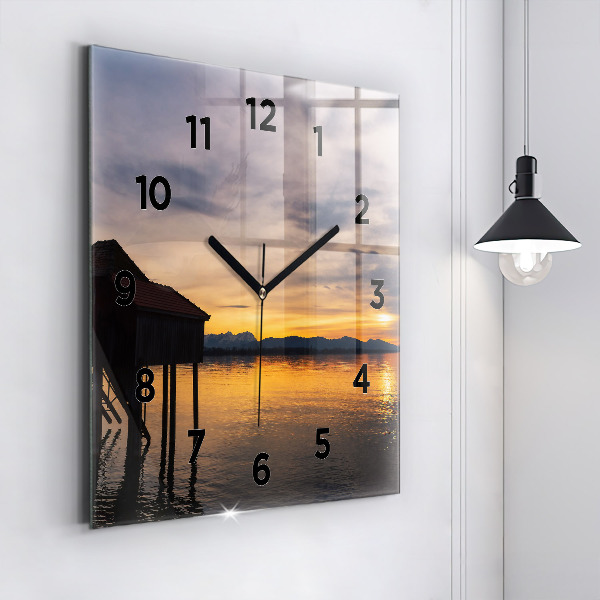 Square glass wall clock Sunset over the lake