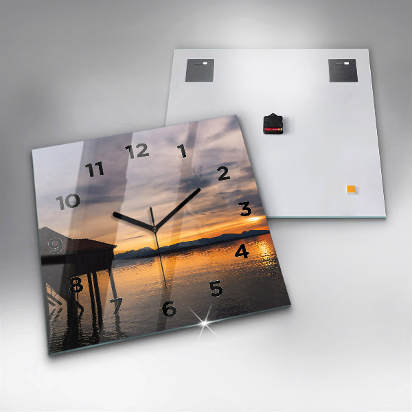 Square glass wall clock Sunset over the lake