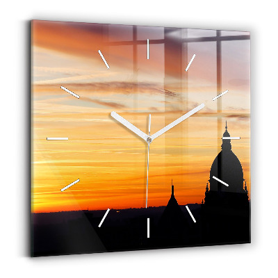 Square glass wall clock Building and sunset