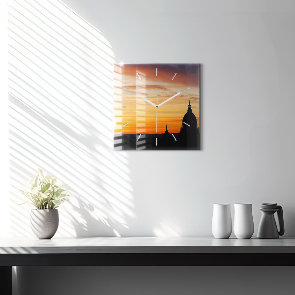 Square glass wall clock Building and sunset