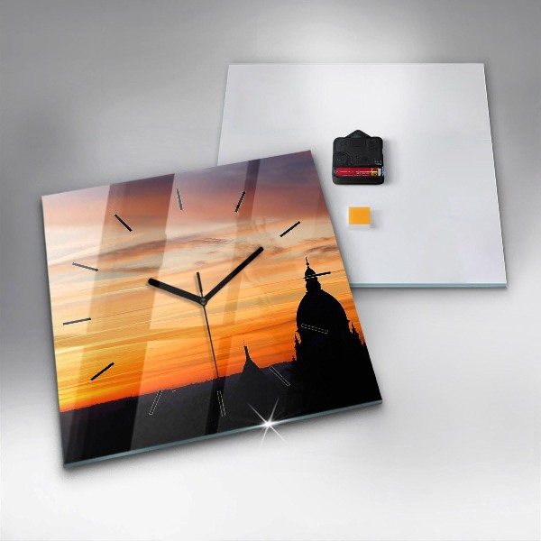Square glass wall clock Building and sunset