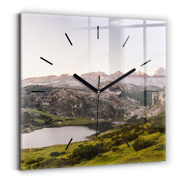 Square glass wall clock Lake and Pyrenees Mountains