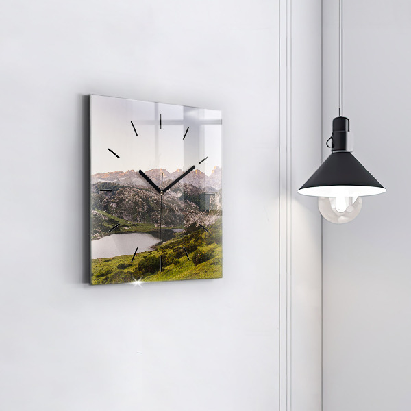 Square glass wall clock Lake and Pyrenees Mountains