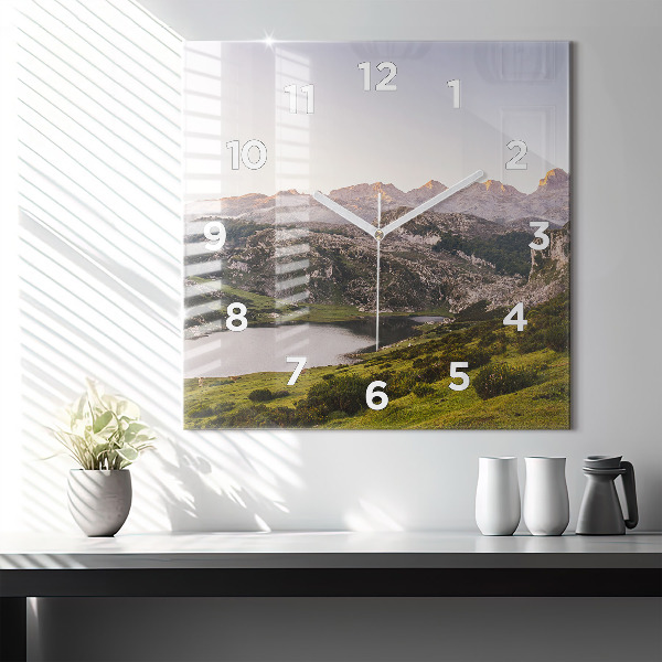 Square glass wall clock Lake and Pyrenees Mountains