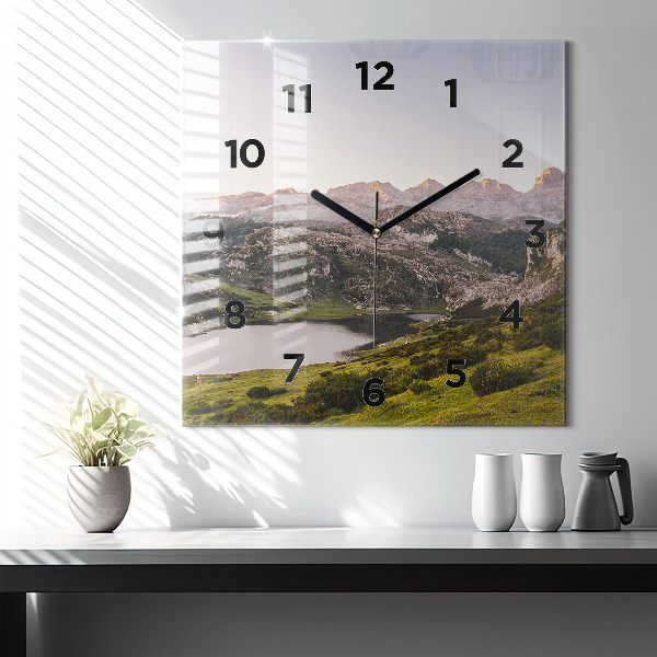 Square glass wall clock Lake and Pyrenees Mountains