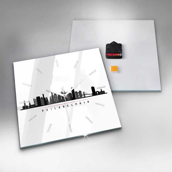 Square glass wall clock Philadelphia illustration