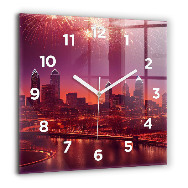 Square glass wall clock Philadelphia City at Night