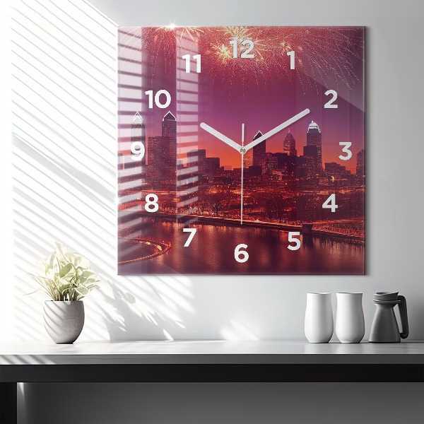 Square glass wall clock Philadelphia City at Night