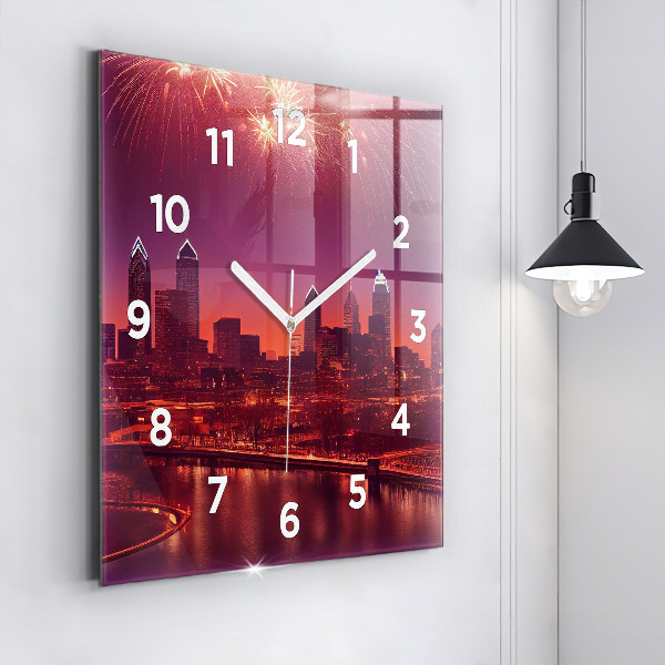 Square glass wall clock Philadelphia City at Night