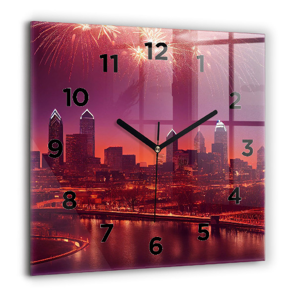 Square glass wall clock Philadelphia City at Night