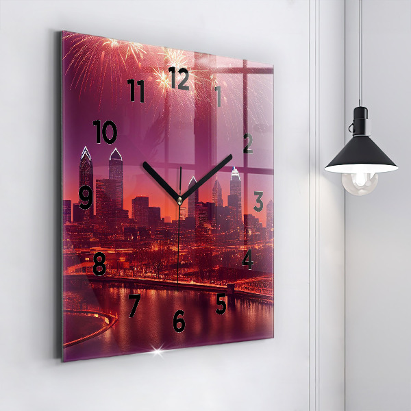 Square glass wall clock Philadelphia City at Night