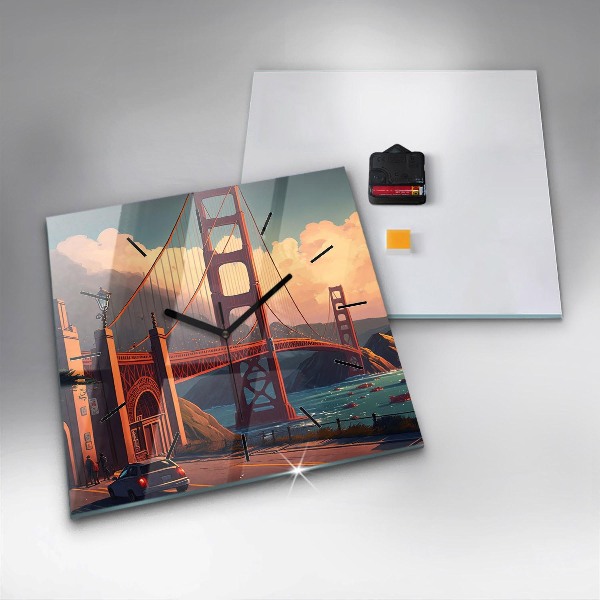 Square glass wall clock San Francisco Bridge