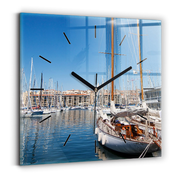 Square glass wall clock Marina in Marseille France