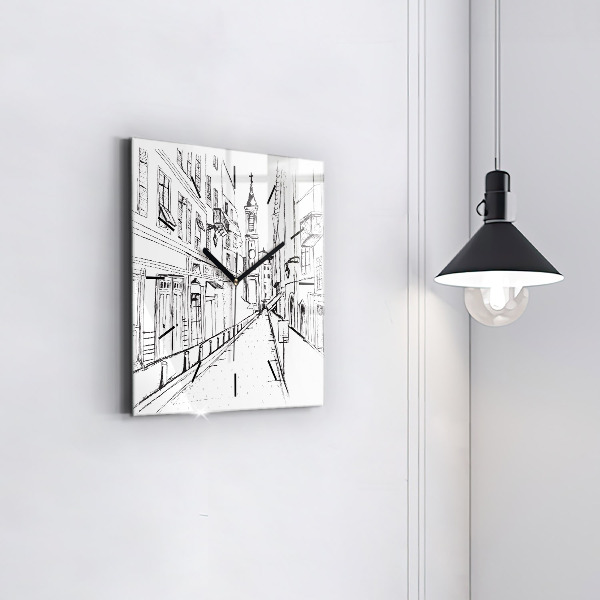 Square glass wall clock Drawing of the city of Provence