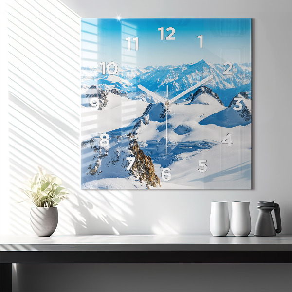 Square glass wall clock Skier in the Alps