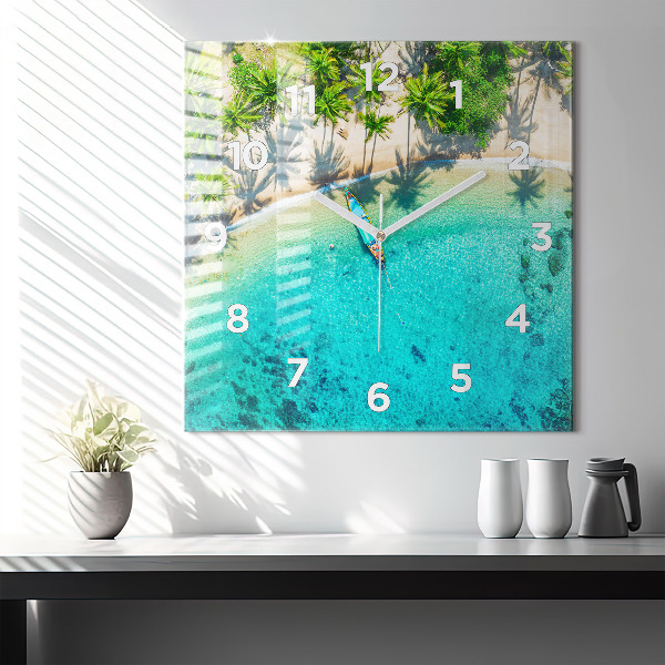 Square glass wall clock Tropical beach Koh Tao