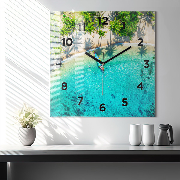 Square glass wall clock Tropical beach Koh Tao