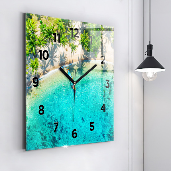 Square glass wall clock Tropical beach Koh Tao