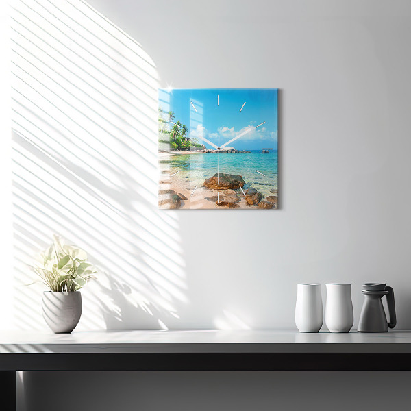 Square glass wall clock Beautiful beach in Thailand