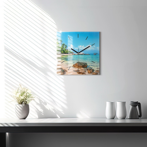 Square glass wall clock Beautiful beach in Thailand