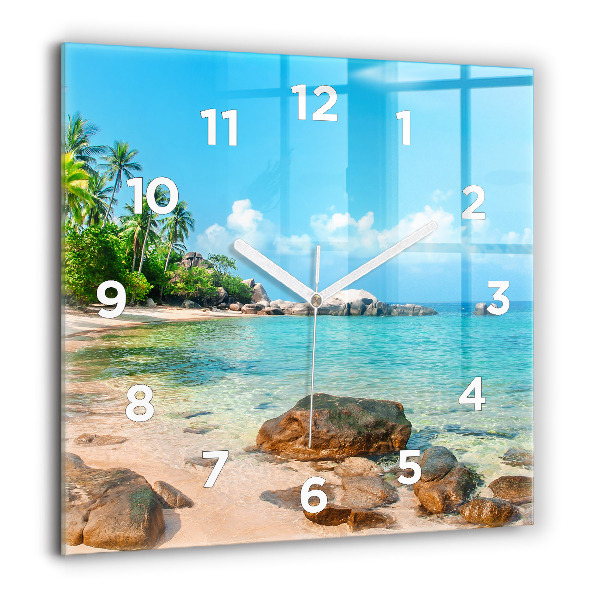 Square glass wall clock Beautiful beach in Thailand