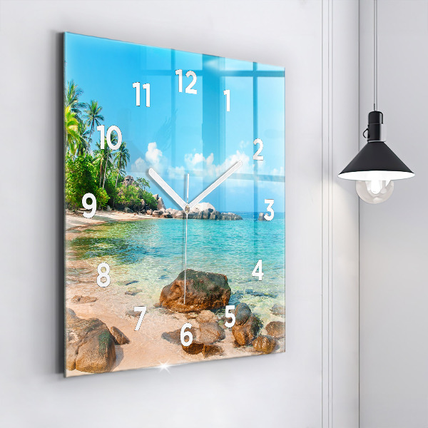 Square glass wall clock Beautiful beach in Thailand